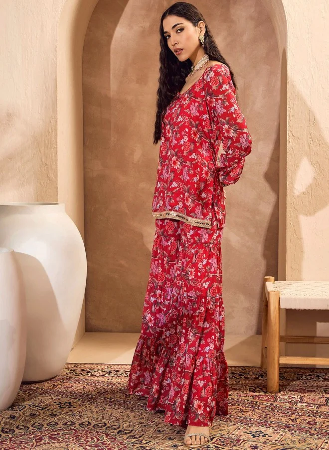 SASSAFRAS Floral Printed Kurti with Sharara for Women