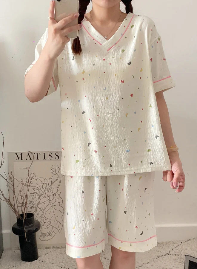 Take Two  Cream V Neck Textured Top and Shorts Set for Women | Best Price UAE
