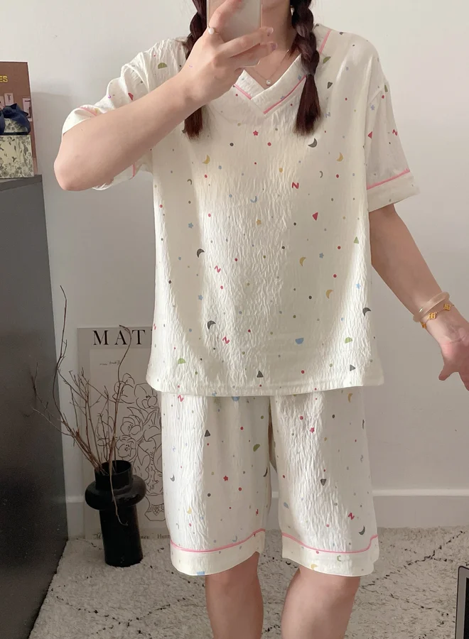 Take Two  Cream V Neck Textured Top and Shorts Set for Women | Best Price UAE