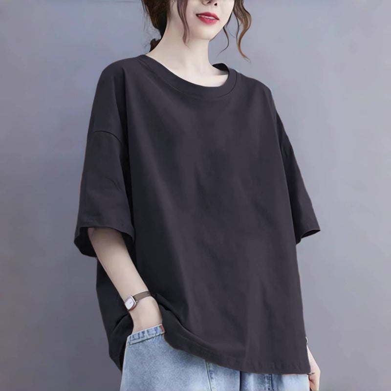 Dark green cotton loose short-sleeved T-shirt for women's summer new European large version medium-length fashionable versatile top trend - Image 2