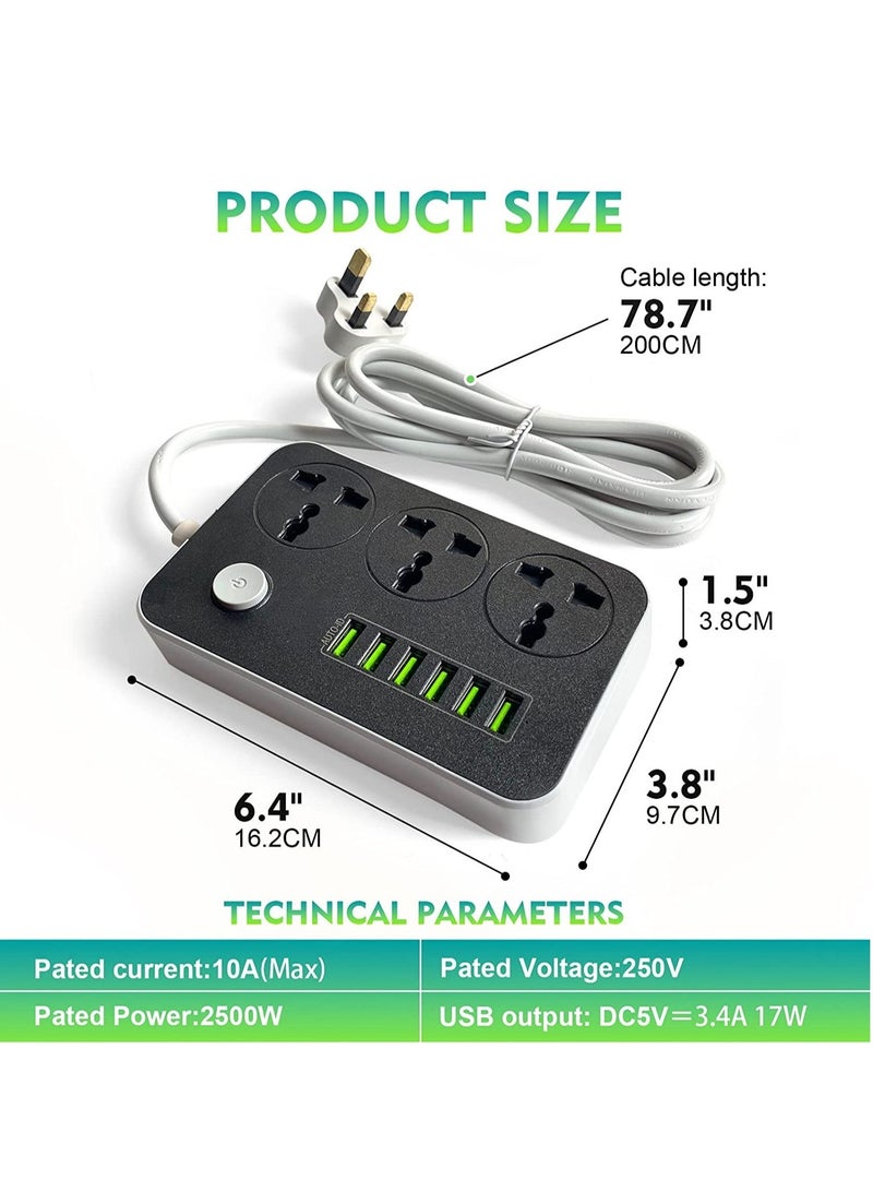 ELTRAZONE Power Strips Extension Cord 3 Outlets, Power Socket with 6 USB Ports Universal Charging Socket with 2M Bold Extension Cord  - Image 4