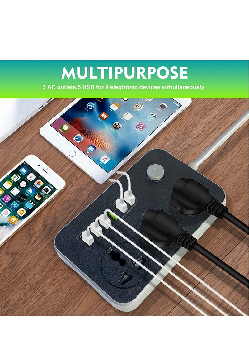 ELTRAZONE Power Strips Extension Cord 3 Outlets, Power Socket with 6 USB Ports Universal Charging Socket with 2M Bold Extension Cord  - Image 2