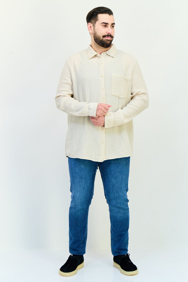 Celio Men Regular Fit Textured Long Sleeves Casual Shirt, Beige - Image 4