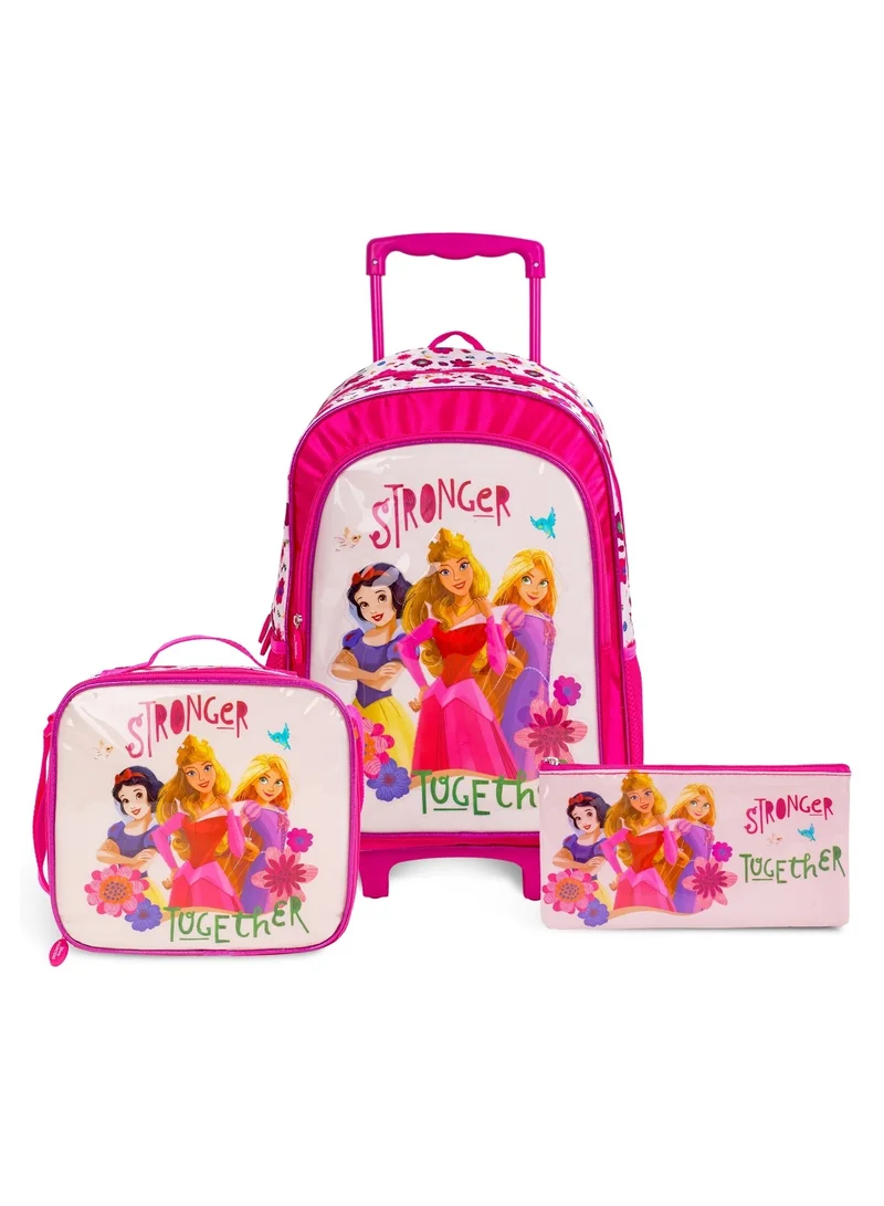 Disney Princess  18 Inch Kids 3-in-1 Trolley School Bag Set - Ergonomic Backpack, Insulated Lunch Bag & Pencil Case,Lightweight, Durable, Students 6+ - Perfect for Travel & School,For Girls