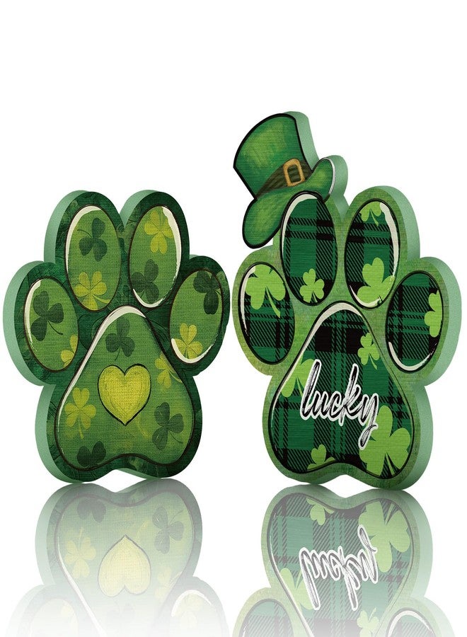 Memorywuu 2 Pcs St Patrick's Day Dog Paw Table Sign St. Patrick's Day Wooden Table Decorations Green Shamrocks Decorations Lucky Dog Paw Shaped Irish Tiered Tray Centerpieces Decor - Image 1