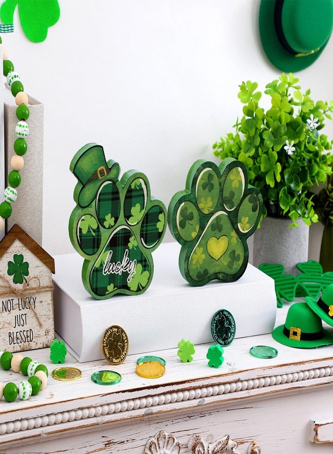 Memorywuu 2 Pcs St Patrick's Day Dog Paw Table Sign St. Patrick's Day Wooden Table Decorations Green Shamrocks Decorations Lucky Dog Paw Shaped Irish Tiered Tray Centerpieces Decor - Image 5