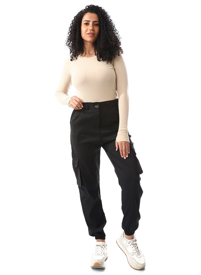Andora Black Unisex Ribbed Cargo Pants_Black  - Image 1