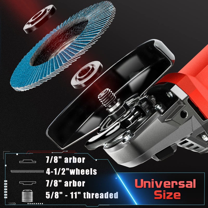 SHALL Angle Grinder Tool 7.5Amp 4-1/2 Inch, 6-Variable-Speed Grinders Power Tools, Electric Metal Grinder 12000 RPM w/ 2 Safety Guards, Cutting Wheels, Flap Discs, Non-Slip Handle for Metal/Wood - Image 4