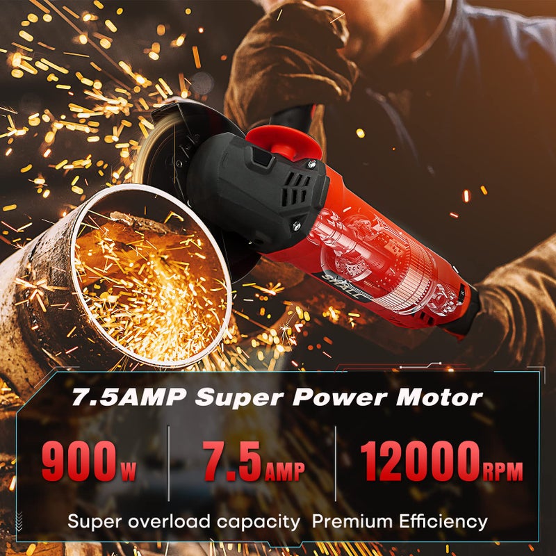 SHALL Angle Grinder Tool 7.5Amp 4-1/2 Inch, 6-Variable-Speed Grinders Power Tools, Electric Metal Grinder 12000 RPM w/ 2 Safety Guards, Cutting Wheels, Flap Discs, Non-Slip Handle for Metal/Wood - Image 3