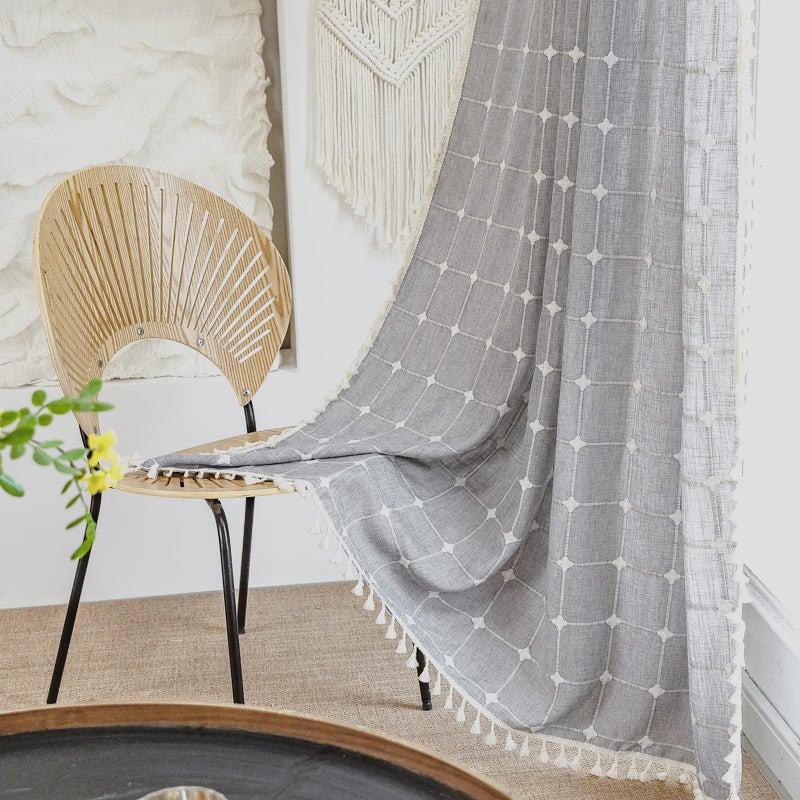 Deeprove Boho Curtains 84 Inches Long for Bedroom Kitchen  Cotton Linen Gray Plaids Embroidered Semi Blackout Bohemian Farmhouse Window Treatment Grids Drape Tassels  1 Panel W52 x L84 Grey - Image 1