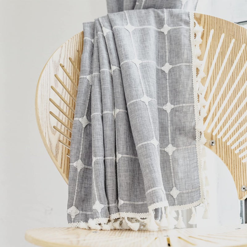 Deeprove Boho Curtains 84 Inches Long for Bedroom Kitchen  Cotton Linen Gray Plaids Embroidered Semi Blackout Bohemian Farmhouse Window Treatment Grids Drape Tassels  1 Panel W52 x L84 Grey - Image 2