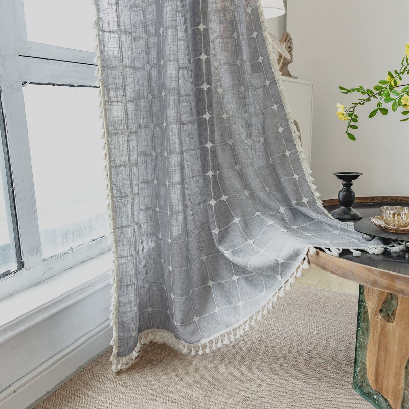 Deeprove Boho Curtains 84 Inches Long for Bedroom Kitchen  Cotton Linen Gray Plaids Embroidered Semi Blackout Bohemian Farmhouse Window Treatment Grids Drape Tassels  1 Panel W52 x L84 Grey - Image 5