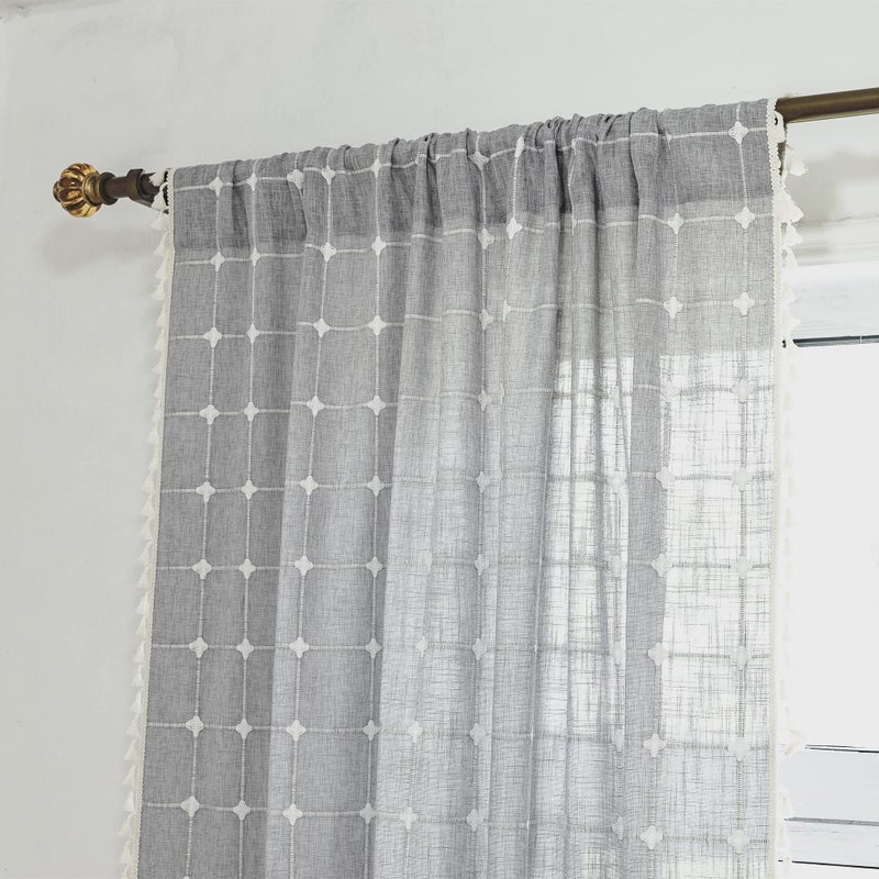 Deeprove Boho Curtains 84 Inches Long for Bedroom Kitchen  Cotton Linen Gray Plaids Embroidered Semi Blackout Bohemian Farmhouse Window Treatment Grids Drape Tassels  1 Panel W52 x L84 Grey - Image 4