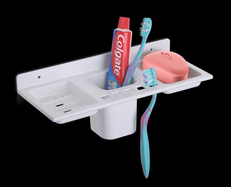 HAPPI Unbreakable PTMT Plastic 4 in 1 Soap Dish Holder Glass Tumbler and Tooth Brush Holders, Soap Stand, Soap Case, Soap Holder Stand Wall Mounted for Bathroom (White) - Image 1
