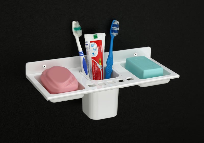 HAPPI Unbreakable PTMT Plastic 4 in 1 Soap Dish Holder Glass Tumbler and Tooth Brush Holders, Soap Stand, Soap Case, Soap Holder Stand Wall Mounted for Bathroom (White) - Image 3