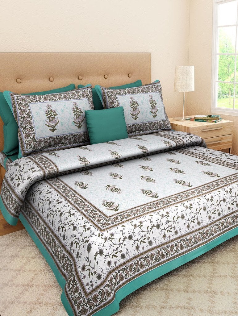 ART WORLD Queen Size Double Bed Sheet with Pillow Covers Pure Cotton Rajasthani Jaipuri Traditional Printed Bedcover Set of 2 (Sea Green and Sea Green) - Image 2