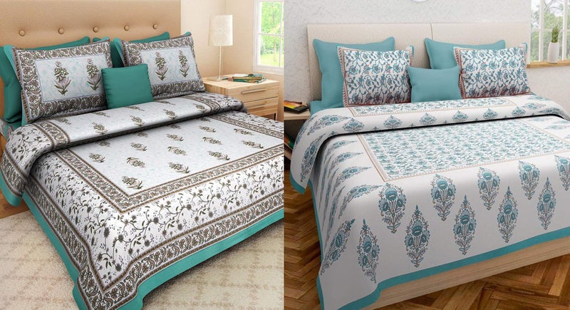 ART WORLD Queen Size Double Bed Sheet with Pillow Covers Pure Cotton Rajasthani Jaipuri Traditional Printed Bedcover Set of 2 (Sea Green and Sea Green) - Image 1