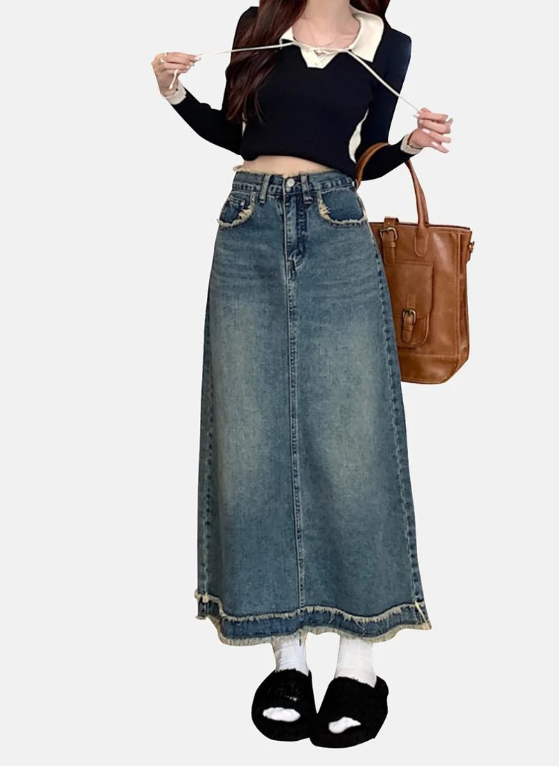 يونيكي Blue Solid Denim Midi Skirt