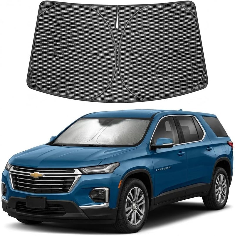 Proadsy ظل شمسي للزجاج الأمامي من مصمم خصيصًا لسيارة Chevrolet Traverse للأعوام 2024-2026، بلون أسود كريستالي، يحجب أشعة الشمس فوق البنفسجية والحرارة، قابل للطي، يحافظ على برودة السيارة أثناء ركنها في الصيف واستخدامها اليومي. - Image 1
