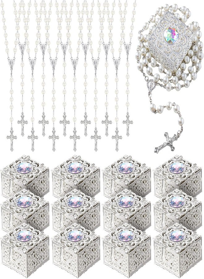 ROCEEI 24 Sets White Catholic Rosary Necklace First Communion Baptism Favors Pearl Rosary Bead with Box for Women Men Elders Christian Gift - Image 1