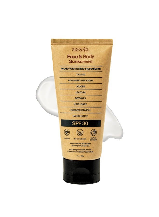 Sky and Sol واقي شمس معدني طبيعي SPF 30 3 أونصات: دهن حيواني طبيعي وأكسيد الزنك، آمن للشعاب المرجانية، مقاوم للماء، خالي من العطور، تركيبة غير دهنية للوجه والجسم - Image 1