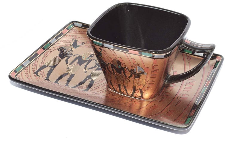 immatgar pack of 2 Coffee mug and 2 of it's plate of immatgar pharaonic Coffee mug ancient Egyptian souvenirs gifts for women and men from Egypt - mother day gifts (Anubis - Square - Multicolor1-75 MM) - Image 4