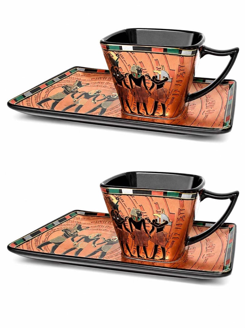 immatgar pack of 2 Coffee mug and 2 of it's plate of immatgar pharaonic Coffee mug ancient Egyptian souvenirs gifts for women and men from Egypt - mother day gifts (Anubis - Square - Multicolor1-75 MM) - Image 1