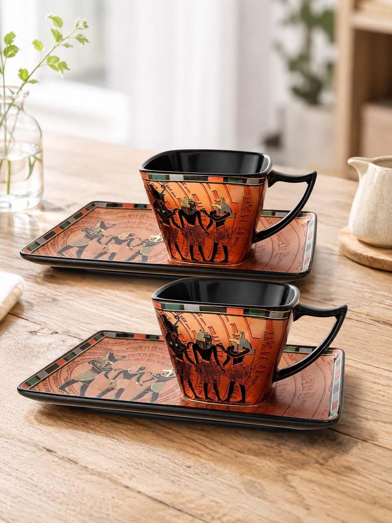 immatgar pack of 2 Coffee mug and 2 of it's plate of immatgar pharaonic Coffee mug ancient Egyptian souvenirs gifts for women and men from Egypt - mother day gifts (Anubis - Square - Multicolor1-75 MM) - Image 3