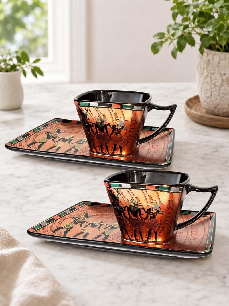 immatgar pack of 2 Coffee mug and 2 of it's plate of immatgar pharaonic Coffee mug ancient Egyptian souvenirs gifts for women and men from Egypt - mother day gifts (Anubis - Square - Multicolor1-75 MM) - Image 2