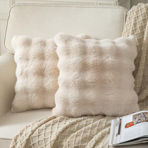 Yaertun Pack of 2 Beige Thick Soft Wool Decorative Throw Pillow Covers 16x16 Inch Faux Fur Plush Fluffy Cushion Covers for Sofa Couch Bedroom - Image 1