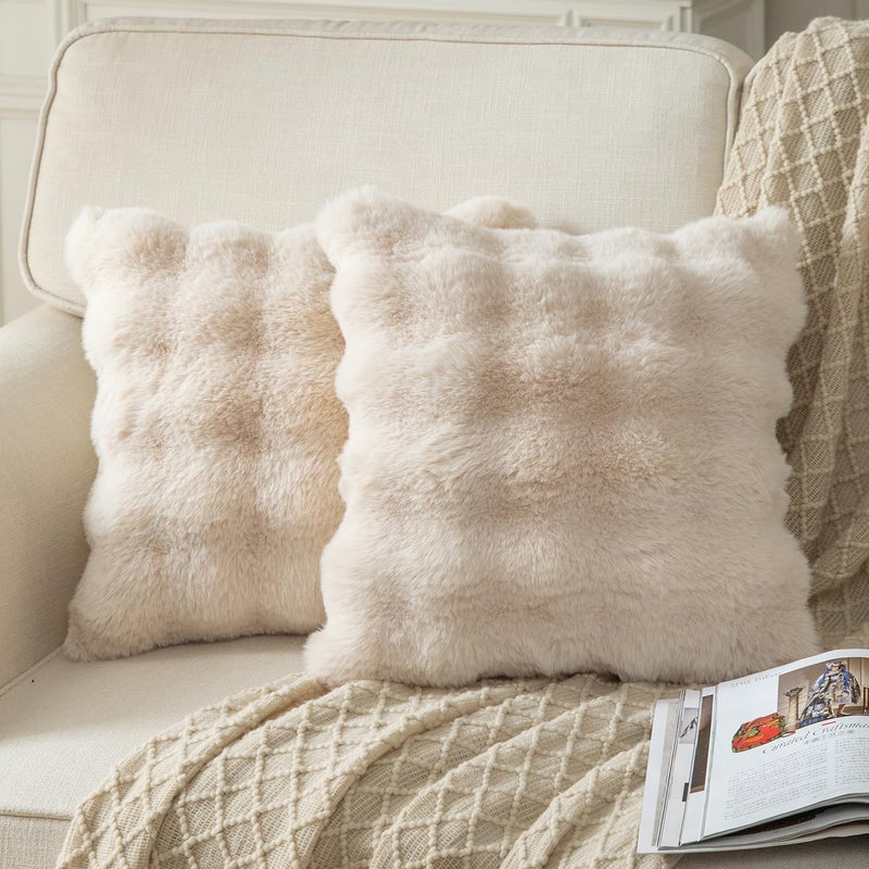 Yaertun Pack of 2 Beige Thick Soft Wool Decorative Throw Pillow Covers 16x16 Inch Faux Fur Plush Fluffy Cushion Covers for Sofa Couch Bedroom - Image 2