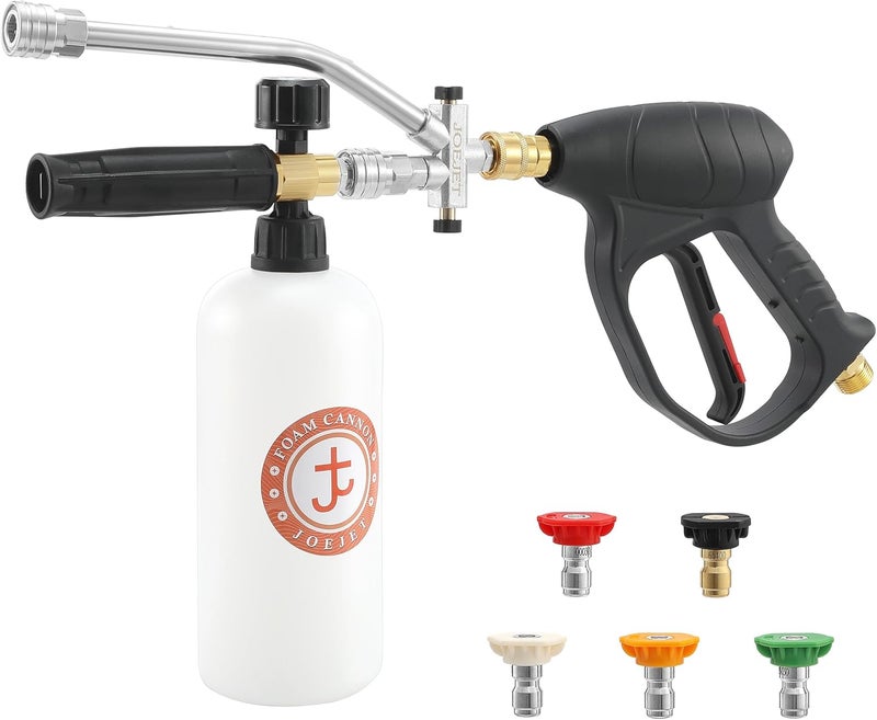 JOEJET Short Pressure Washer Gun with Foam Cannon Dual Connector Accessory, Car Wash Foam Gun with 1/4 Inch Quick Connector, 5 Pressure Washer Nozzle Tips, 1 Liter - Image 1