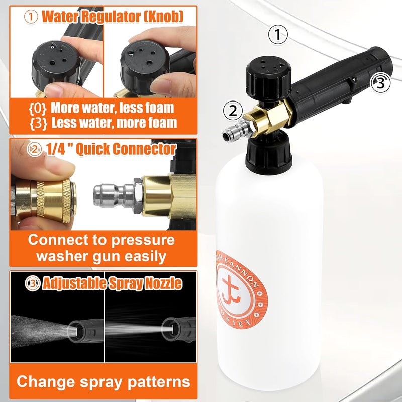 JOEJET Short Pressure Washer Gun with Foam Cannon Dual Connector Accessory, Car Wash Foam Gun with 1/4 Inch Quick Connector, 5 Pressure Washer Nozzle Tips, 1 Liter - Image 3