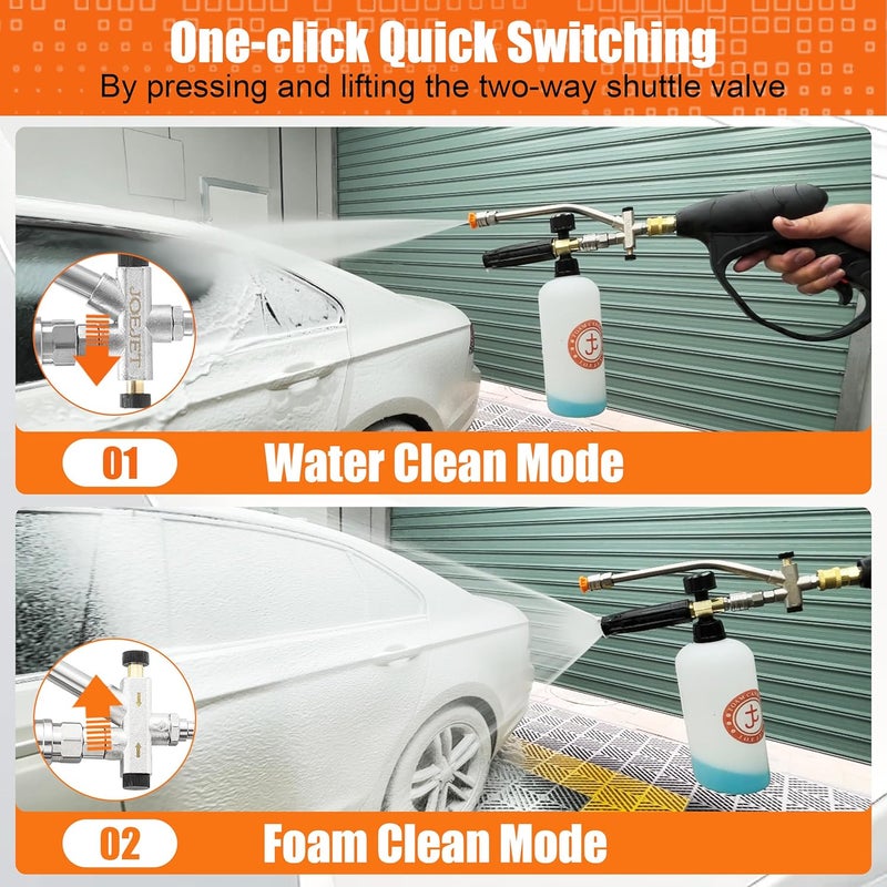 JOEJET Short Pressure Washer Gun with Foam Cannon Dual Connector Accessory, Car Wash Foam Gun with 1/4 Inch Quick Connector, 5 Pressure Washer Nozzle Tips, 1 Liter - Image 2