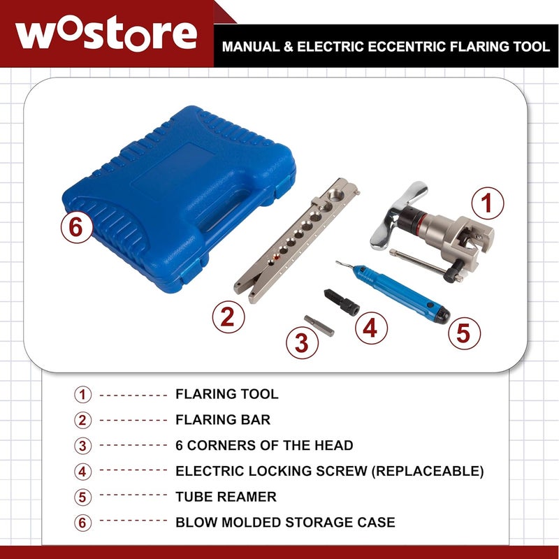 Wostore Manual & Electric Eccentric Flaring Tool - 9 Dies for Eccentric Flares on 6mm,1/4",9mm,3/8",10mm,12mm,1/2",5/8"(16mm)&3/4"(19mm) Copper Pipes - Ideal for Refrigeration HVAC Plumping Work… - Image 2
