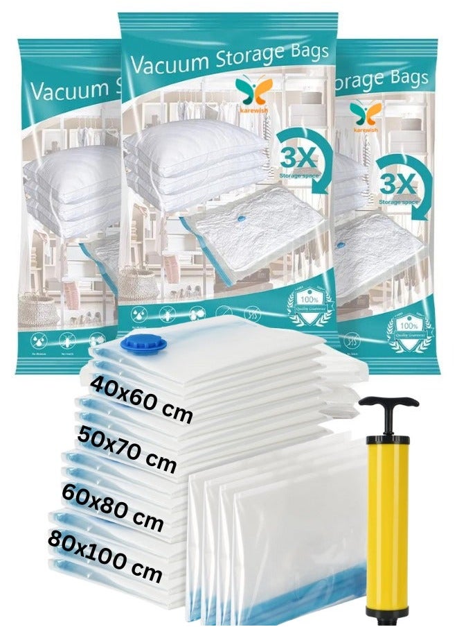 Karewish - KAREWISH Vacuum Storage Bags 12PCS set, (3pcs 40x60cm,3pcs 50x70cm,3pcs 60x80cm,3pcs 80x100cm) in one color bag 80 microns. Sealer Bag for Clothes Reusable Compression Space Saver Bag with Hand Pump - Image 1