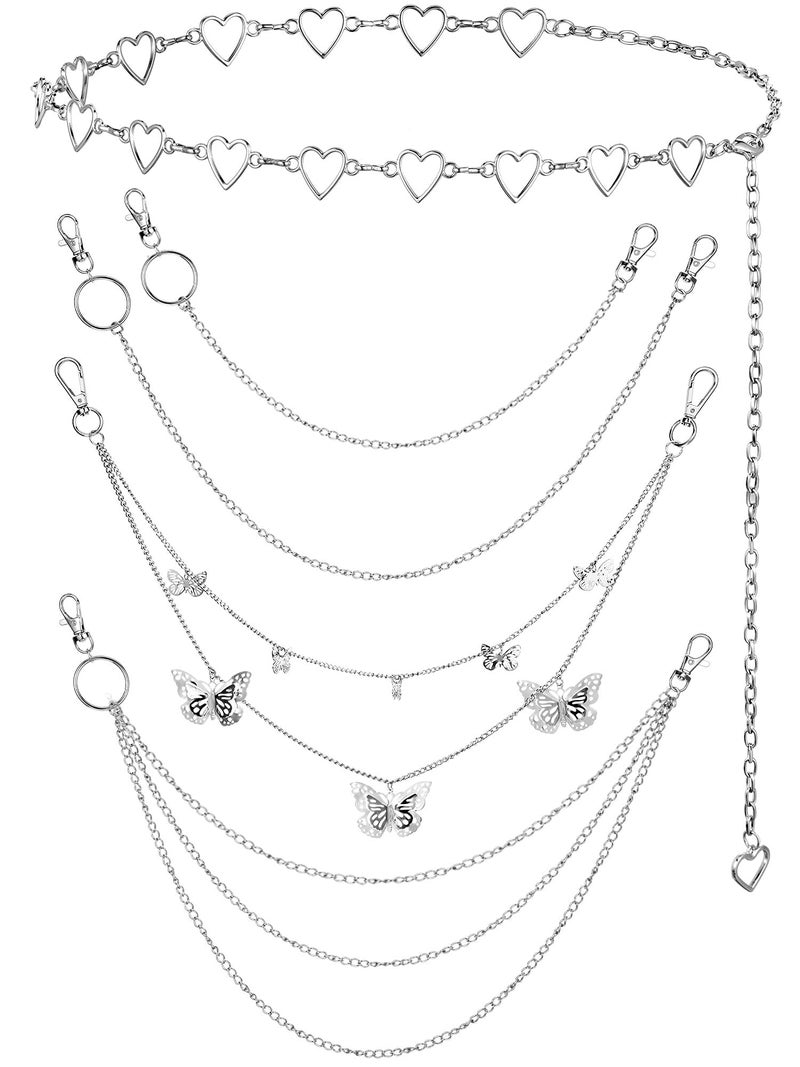 Jadive 5 Pieces Belt Chain Jeans Pants Pocket Waist Multi-Layer Hip Hop Metal Wallet Chain for Men Women(Butterfly,Silver) - Image 1