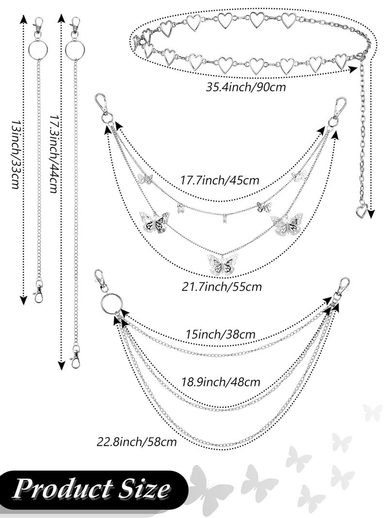 Jadive 5 Pieces Belt Chain Jeans Pants Pocket Waist Multi-Layer Hip Hop Metal Wallet Chain for Men Women(Butterfly,Silver) - Image 3