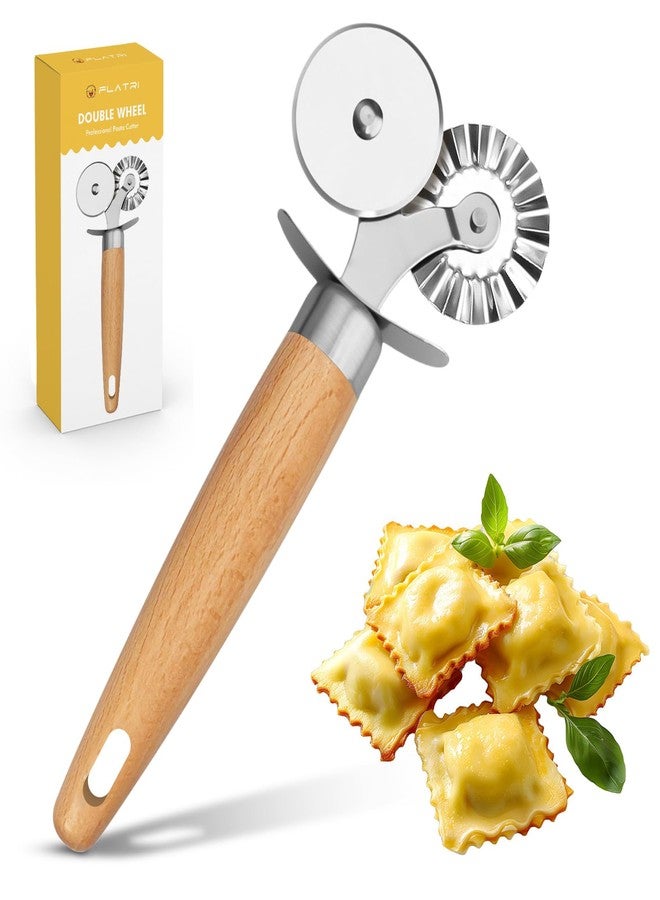 FLATRI Pasta Cutter Wheel - Fluted Pastry Cutter Double Wheel Ravioli Cutter Tool with Wooden Handle for Pasta Pizza Ravioli Cookie - Image 1