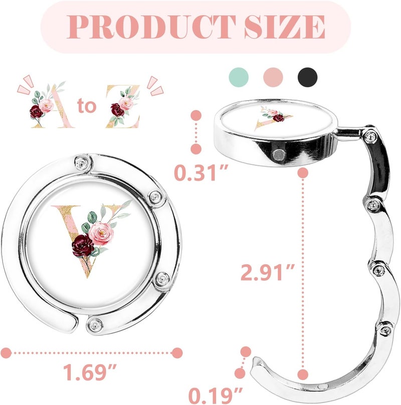 Iqimott 3pcs Personalized Initial Foldable Purse Hook for Table, Flower Letter Folding Handbag Hanger Portable Magnet Table Hook Holder, Collection Desk Purse Hooks for Women Bag (Pink-V) - Image 2