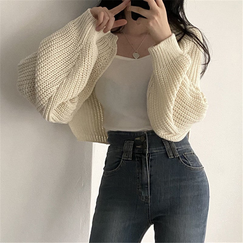 Lazy Style Lantern Sleeve Short Shawl Knitted Coat Womens South Korea chic2024 Autumn French Wall-Shoulder Sweater White 