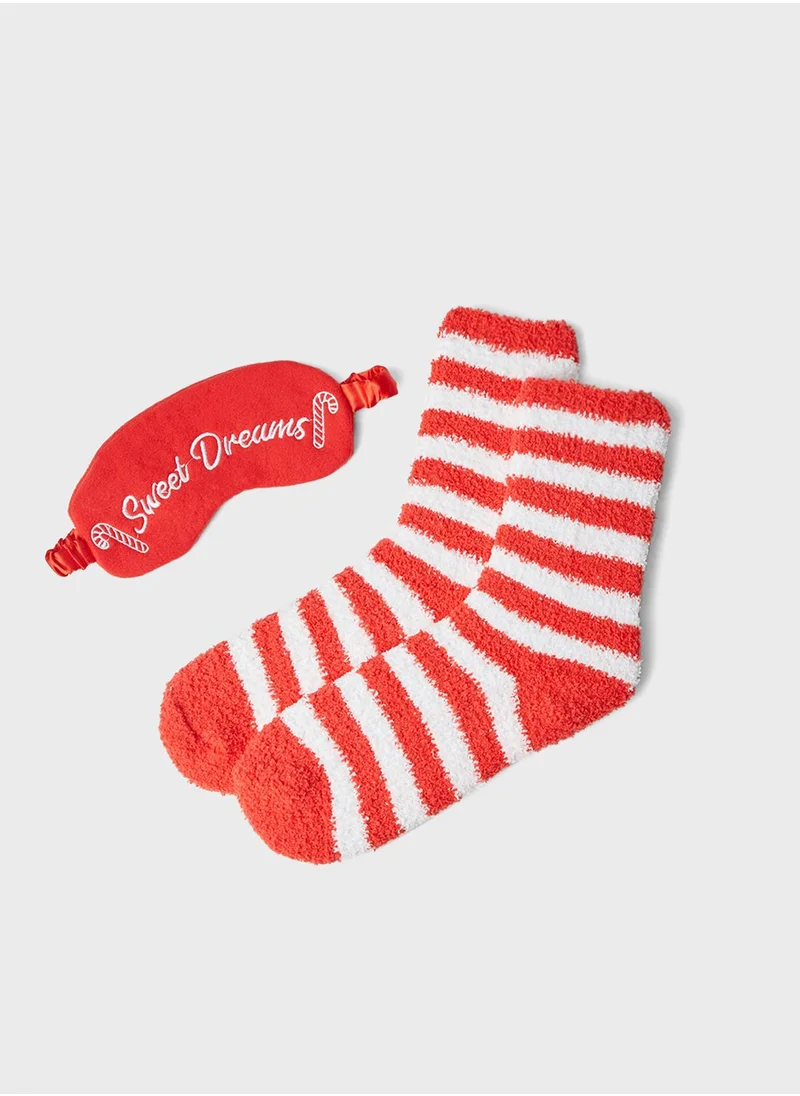 BRAVE SOUL Candycane Socks & Eyemask Set