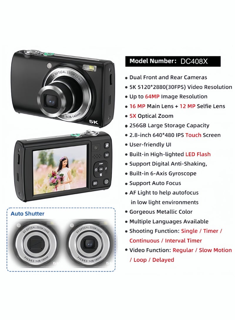 Milatech 5K Digital Camera with Dual - Cameras, 64MP, 5X Optical Zoom, 32G TF Card, Touch Screen - Image 3