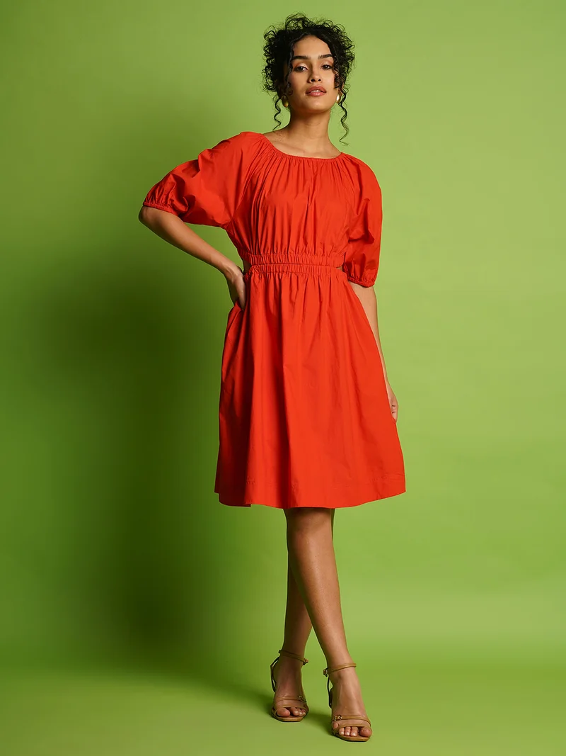 Women Fit & Flare Puff Sleeves Dress