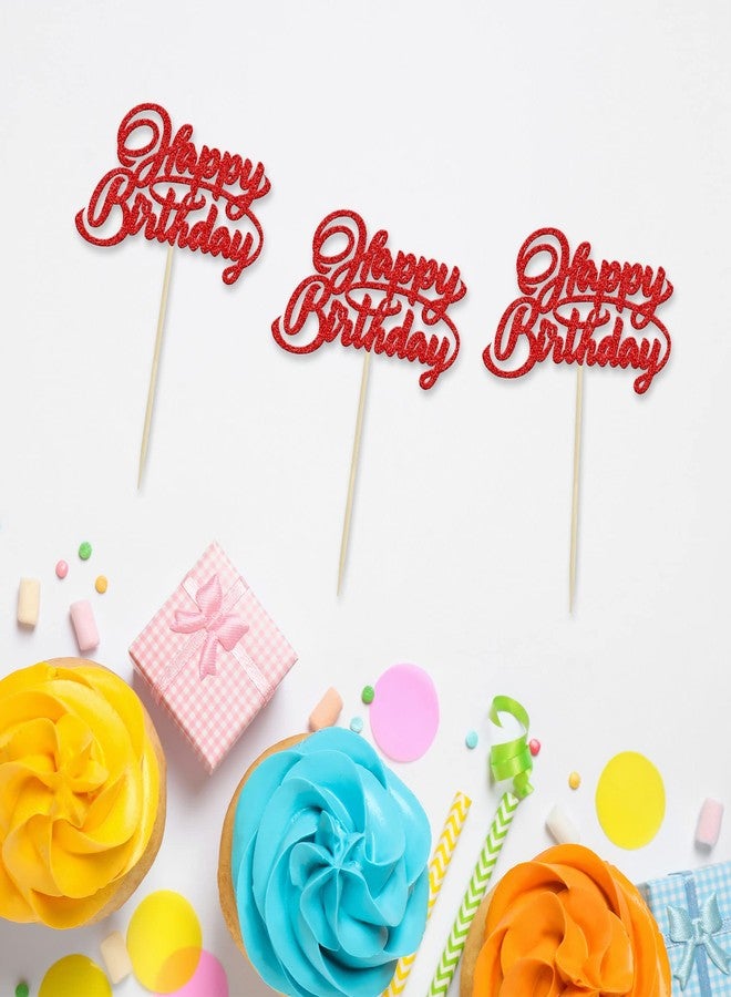 Ephlyn 24Pcs Happy Birthday Cupcake Toppers Red Glitter Birthday Cupcake Food Picks for Celebrating Happy Birthday Party Cake Decorations Supplies - Image 3