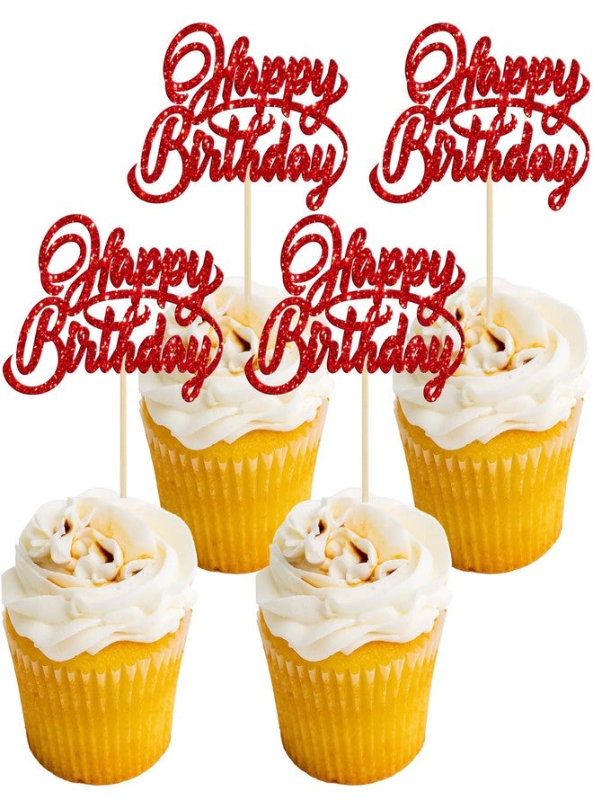 Ephlyn 24Pcs Happy Birthday Cupcake Toppers Red Glitter Birthday Cupcake Food Picks for Celebrating Happy Birthday Party Cake Decorations Supplies - Image 1