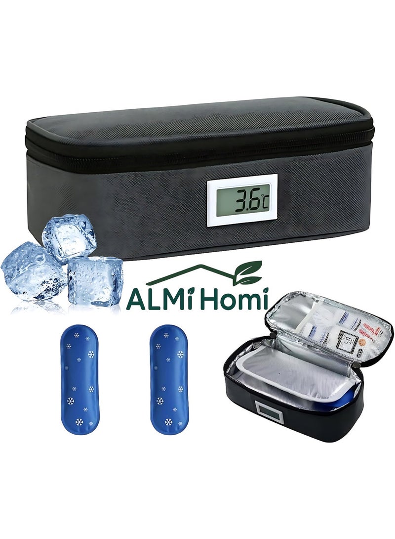 Insulin Cooler Travel Bag with Digital Temperature Display – Portable Medication Cooler Case with 2 Ice Packs for Diabetes, Insulated Organizer for Pens & Vials – Grey - Image 1