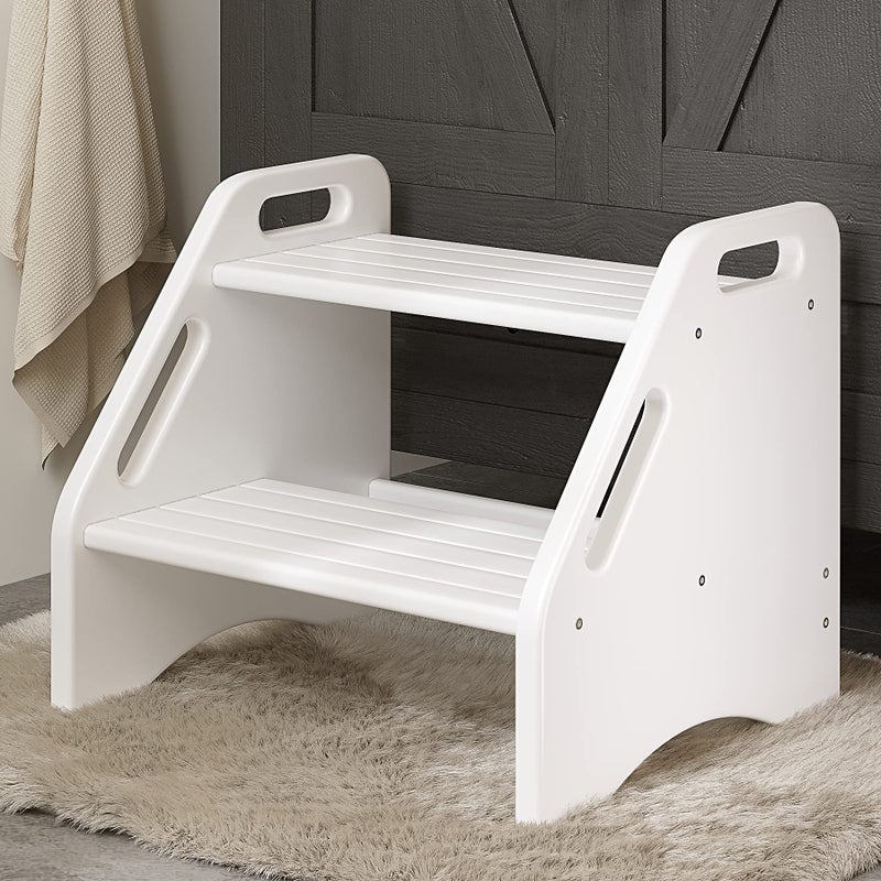 AMBIRD Wooden Two Step Stools Toddler with Safety Non-Slip Pads and Handles, Bamboo Step Stool for Bathroom, Bedroom, Kitchen Dual Height Step Stools for Kids (White) - Image 1