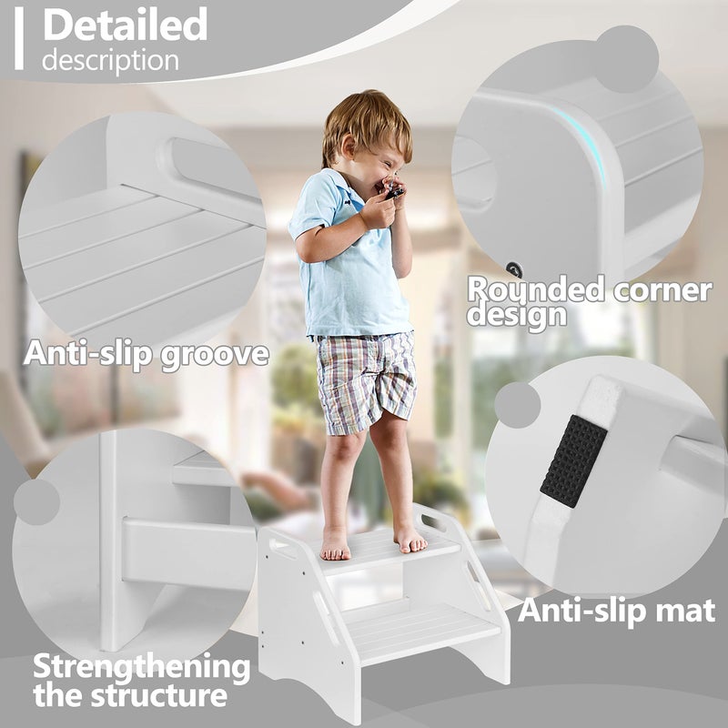 AMBIRD Wooden Two Step Stools Toddler with Safety Non-Slip Pads and Handles, Bamboo Step Stool for Bathroom, Bedroom, Kitchen Dual Height Step Stools for Kids (White) - Image 2
