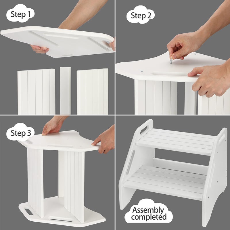 AMBIRD Wooden Two Step Stools Toddler with Safety Non-Slip Pads and Handles, Bamboo Step Stool for Bathroom, Bedroom, Kitchen Dual Height Step Stools for Kids (White) - Image 4